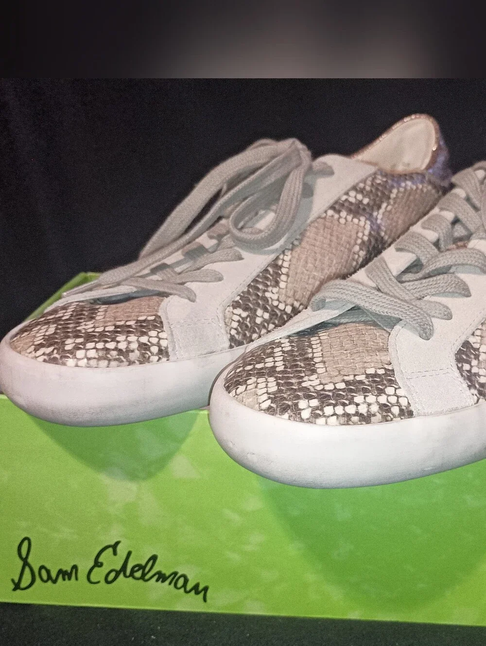 NWB Sam Edelman ETHYL Grey/Cream Snakeskin Embossed Sneakers Women's Size 7M NE